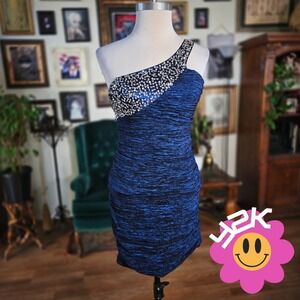 Foreign Exchange Blue Metallic One Shoulder Bodycon Mini Beaded Sequin Dress